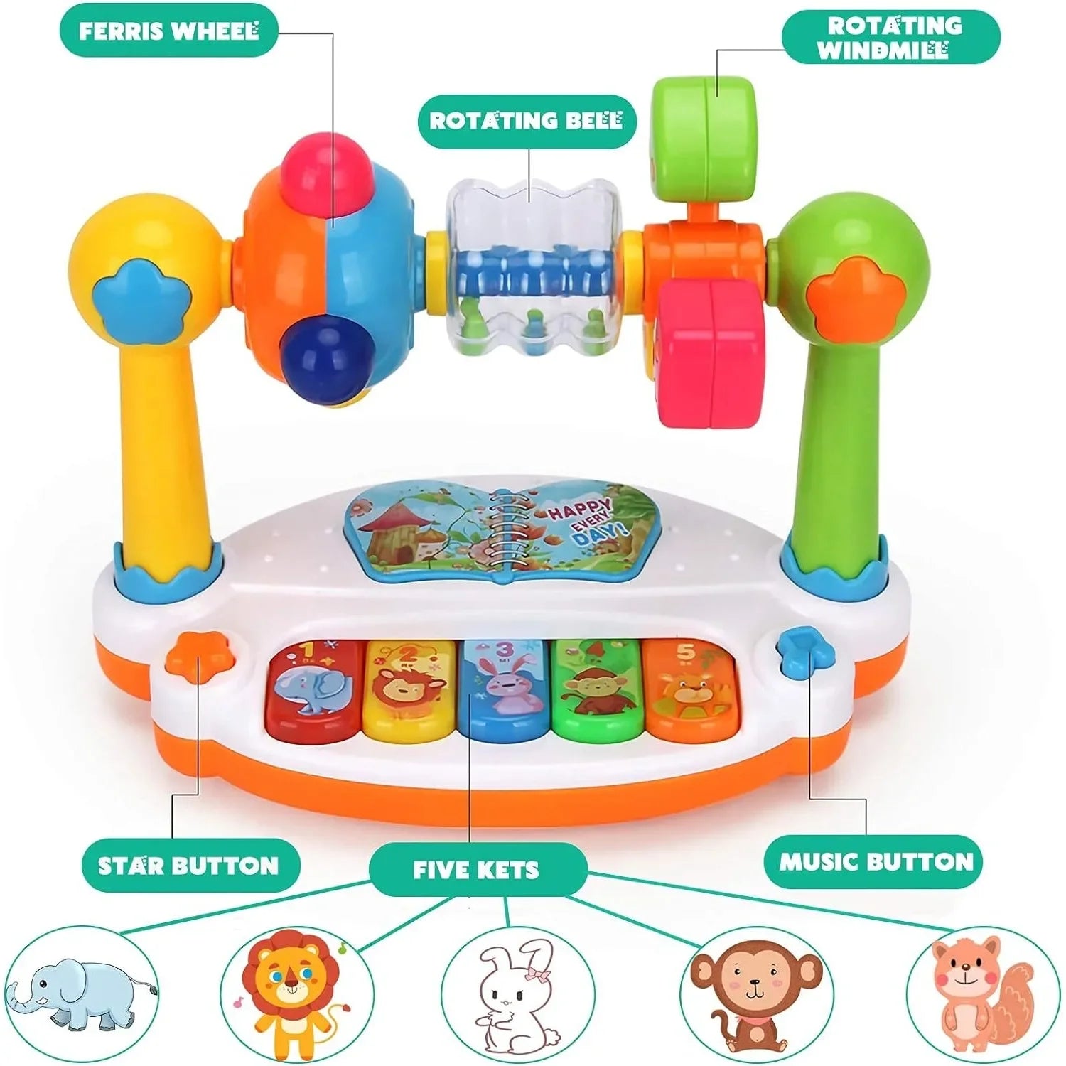 Baby Rotating Piano Keyboard Toy with Music & Light