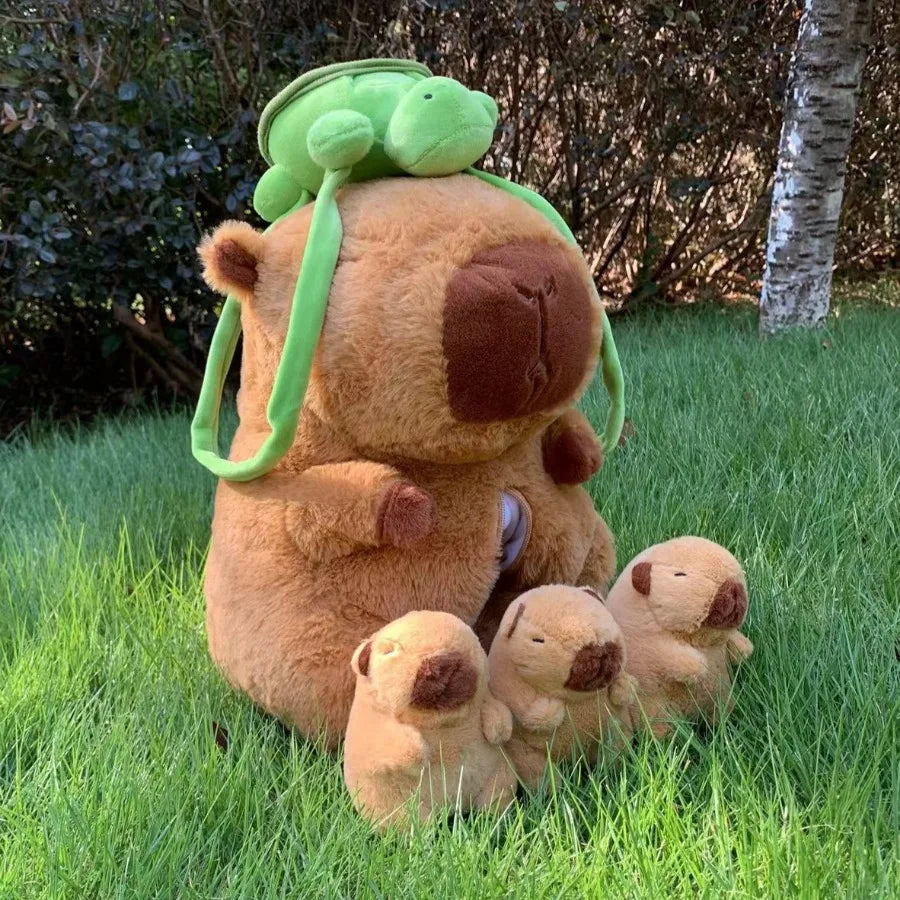 Capybara Plush Toy Set – Mum & 4 Babies with Turtle Bag