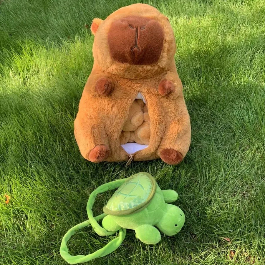 Capybara Plush Toy Set – Mum & 4 Babies with Turtle Bag