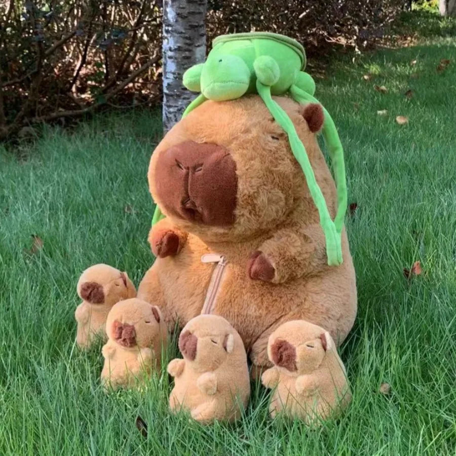 Capybara Plush Toy Set – Mum & 4 Babies with Turtle Bag