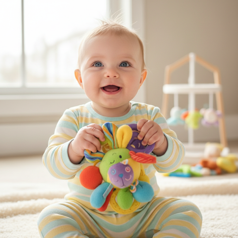 Baby playing with soft rattle toy